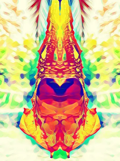 'Hanging'. A vibrant and symmetrical digital creation. The intense colors and intricate patterns give this abstract piece an almost totemic quality.