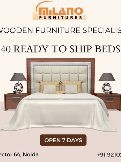 As wooden furniture specialists, we have 40 ready-to-ship beds available. This graphic features a bed with an elegant upholstered headboard and a solid wood frame.
