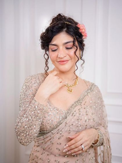 Another beautiful shot of this Bridgerton-inspired look, highlighting the flawless skin and soft, romantic makeup.