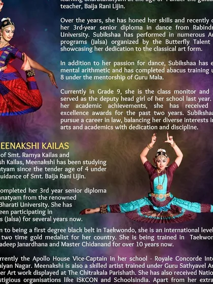 An excerpt from a performance brochure highlighting the achievements of our senior students, Subikshaa and Meenakshi. We support our students in balancing their artistic pursuits with academic excellence.