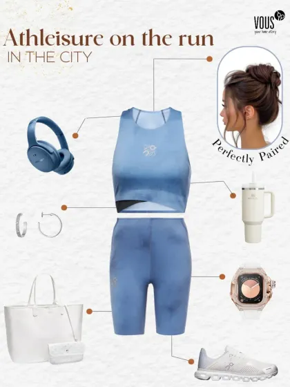 This is my go to athleisure look for a busy day in the city. I've paired a comfortable yet chic workout set with practical accessories and a simple, clean hairstyle that keeps me looking polished on the run.