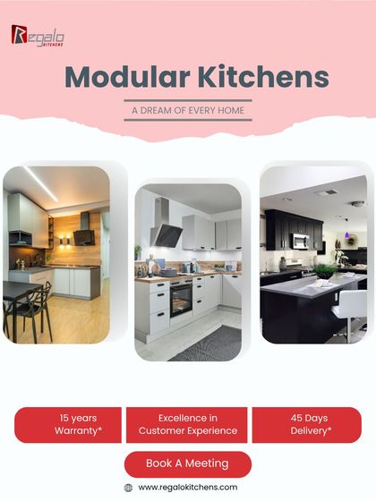 This graphic showcases three of our modern kitchen designs, reinforcing our commitment to excellence in customer experience, a 15-year warranty, and 45-day delivery.