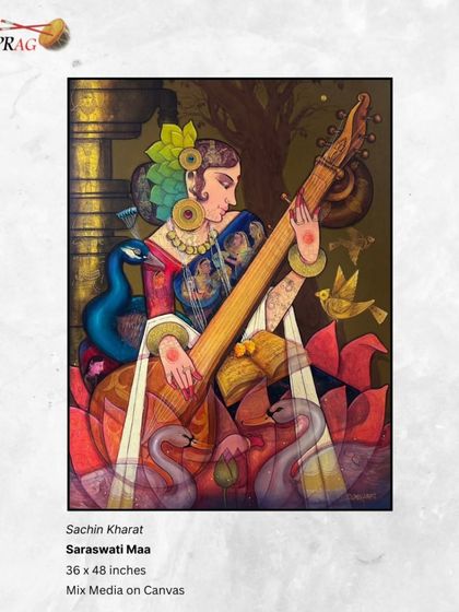 'Saraswati Maa' by Sachin Kharat, a mixed-media piece where the goddess of knowledge is surrounded by symbols of purity and learning like the swan and peacock.