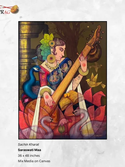 'Saraswati Maa' by Sachin Kharat, a mixed-media piece where the goddess of knowledge is surrounded by symbols of purity and learning like the swan and peacock.