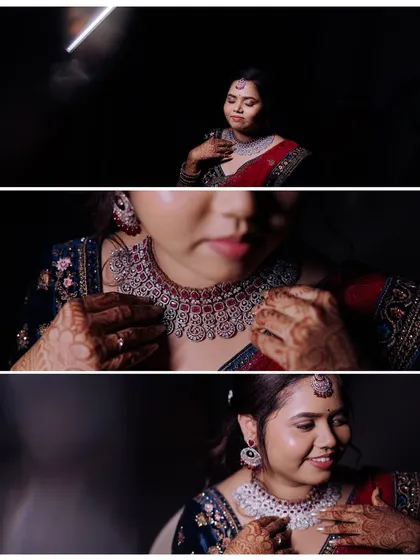 A collage of beautiful bridal portraits taken during the reception, highlighting the stunning jewelry and the bride's elegant evening look.
