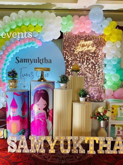 A full shot of the rainbow princess decor, a favorite choice for little girls' parties.