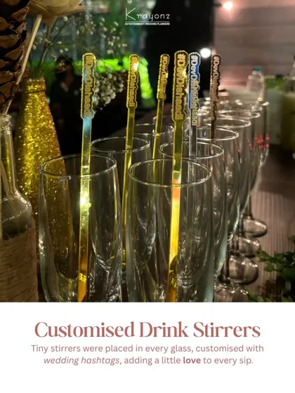 Customised drink stirrers with the wedding hashtag add a small but significant touch of personalization to every sip.