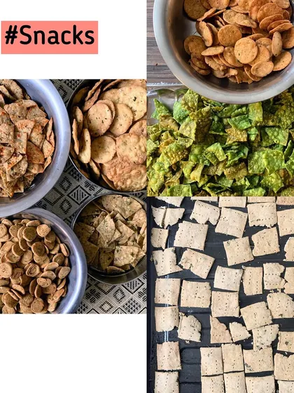 A collage of assorted dry snacks, including various mathris and papdis.