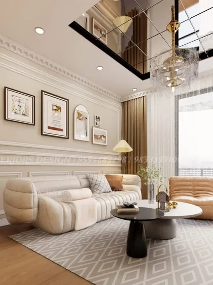 This angle captures the entire living space, from the comfortable seating arrangement to the elegant wall decor and lighting. Every element is carefully chosen to create a cohesive design.
