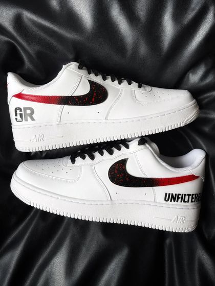 A pair of custom Nike Air Force 1s created for comedian Samay Raina's standup special, "Still Alive and Unfiltered."