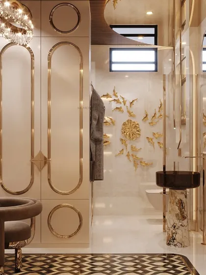 We transform washrooms and dressers into an organized lifestyle upgrade. This space combines form and function with custom storage, elegant gold accents, and our signature use of curves to create a calm, convenient, and classy personal area.