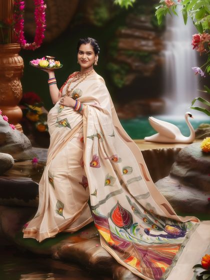 Grace rooted in tradition, beauty inspired by divinity. Wrapped in timeless elegance, she becomes one with the spirit of devotion in this creative saree look.
