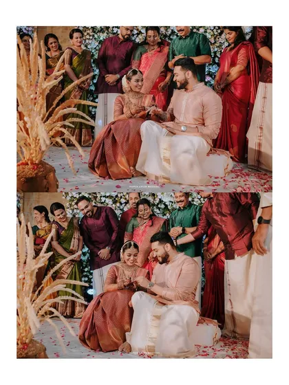 The ring exchange ceremony, a symbol of their commitment, captured amidst family and friends.