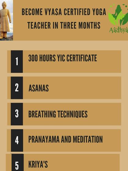 This VYASA certified course is structured to give you a complete education in three months. The curriculum covers the 300-hour YIC certificate requirements, including Asanas, breathing techniques, Pranayama, Meditation, and Kriyas.