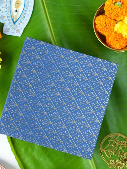 The elegant blue and gold box I use for my assorted brownies during the Rakhi season.
