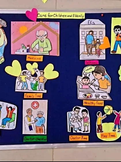 This is the result of our 'Craft for a Cause' workshops. Volunteers create detailed, tactile storyboards like this one, which are used as educational aids for children and the elderly, covering topics like family time, health, and daily care.