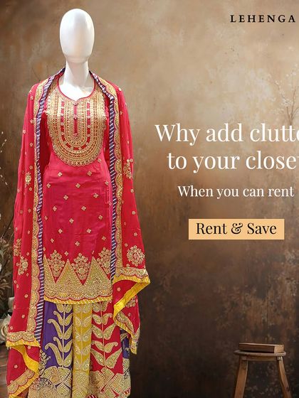 Why add clutter to your closet when you can rent? This colorful sharara suit is perfect for a festive occasion, offering a traditional look with bright, celebratory colors.