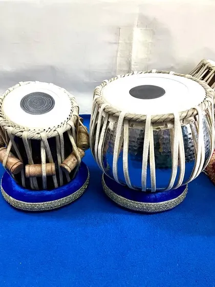 A new brass tabla set tuned to C# sharp, ready for a client. The hammered chrome finish on the bayan provides a bright, resonant tone, perfect for classical and contemporary music.