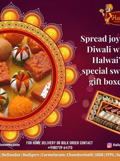 Spread joy this Diwali with our special sweets gift boxes. This image showcases a platter and a box filled with our most popular mithai, including motichoor ladoo and flower-shaped barfis.