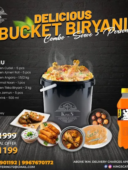 This poster shows you exactly what you get in my delicious Bucket Biryani Combo. It includes Chicken Cutlets, Ajmeri Rolls, Chicken Angara, Sheermal Naan, 3kg Chicken Tikka Biryani, Gulab Jamun, and a soft drink. A full feast for 5 people.