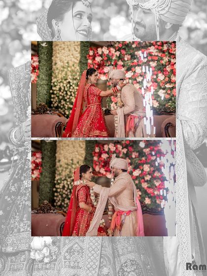 A collage of the Varmala ceremony, capturing the playful and loving exchange of garlands between the bride and groom.