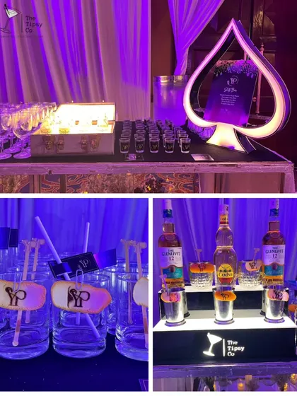 A collage of our casino-themed bar, featuring a glowing Ace of Spades sign, personalized glassware, and a tiered display for whiskey cocktails. Every detail is designed to match the event's high-stakes fun.