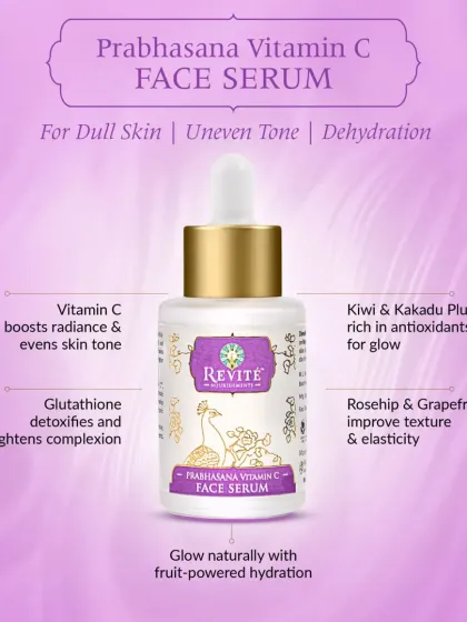 For dull skin and uneven tone, my Prabhasana Vitamin C Face Serum is the answer. It boosts radiance with Vitamin C, detoxifies with Glutathione, and hydrates with fruit-powered extracts like Kiwi and Kakadu Plum.