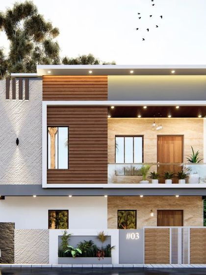 An exterior design for a client's home, featuring a clean composition of white, grey, and wood tones. The first-floor balcony with its glass railing creates an open and inviting feel.