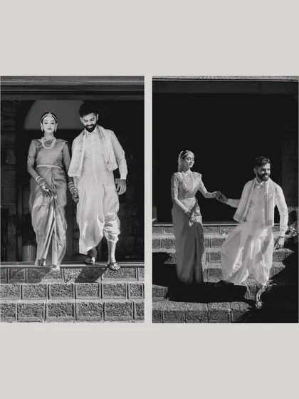 A black and white diptych of the couple making their entrance, capturing both a formal and a candid, joyful moment.