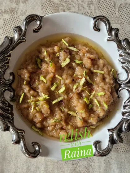 I made this Badam ka Halwa (Almond Halwa) for Navratri fasting. The process of soaking, peeling, and roasting the almonds results in an absolutely delicious and aromatic sweet.