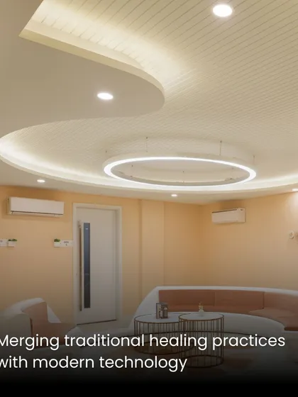We create spaces that merge traditional healing practices with modern technology and aesthetics. The organic curves of the ceiling and seating in this waiting lounge are designed to create a soft, welcoming atmosphere, reducing the clinical feel and promoting a sense of calm.