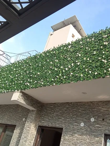 A different angle of the balcony hedge, showing how it creates a clean, green line against the sky.