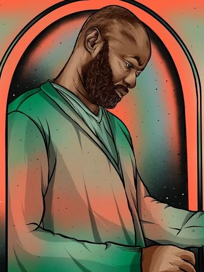 An illustration of Peter Adarkwah, founder of BBE Records, for Bandcamp Weekly. The artwork incorporates floating vinyl records to celebrate his legacy in music.