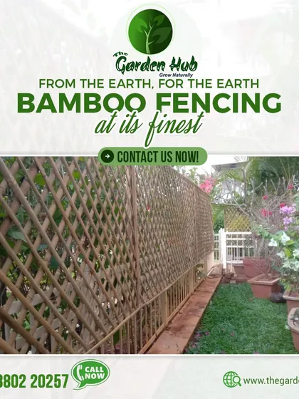 A close-up of our eco-friendly bamboo fencing. This woven style offers excellent privacy and a unique, natural texture that complements any garden design, serving as a sustainable and beautiful boundary.