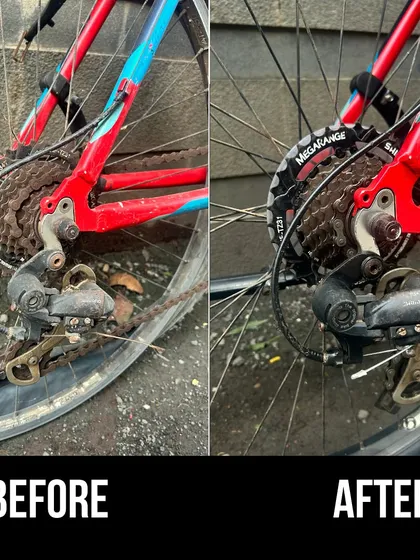 The difference is in the details. This before and after shot shows a rusty, grime-caked rear derailleur transformed into a clean, perfectly functioning component. A clean drivetrain is crucial for smooth gear shifting and longevity.