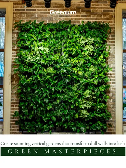 Create stunning vertical gardens that transform dull walls into green masterpieces. This installation against a brick wall shows how our green walls can complement rustic and industrial-style interiors.