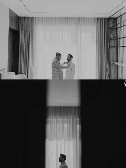 A dramatic black and white collage of the groom getting ready. The use of silhouettes and window light creates a series of moody, atmospheric, and highly artistic portraits.