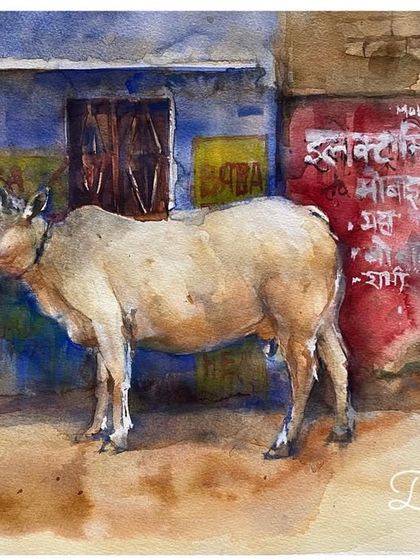 A cow resting against a colorful, hand-painted wall is such a common yet beautiful sight in India. This watercolor painting captures that slice of life, with the textures of the wall and the calm animal.