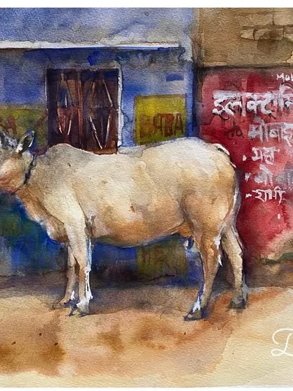 Another watercolor study of a cow on a colorful street. The contrast between the calm animal and the vibrant, hand-painted signs on the wall caught my eye.