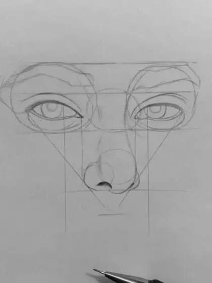 A tutorial on drawing facial features, showing the underlying structure and proportions for the eyes and nose.