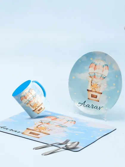 A blue version of our popular hot air balloon themed dinner set. This one is personalised for 'Aarav' and creates a magical mealtime experience.