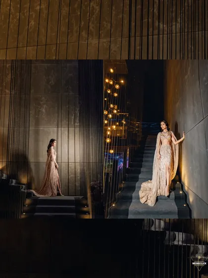 A collage of the bride's portraits on a grand, modern staircase, showcasing the architectural beauty of the venue.