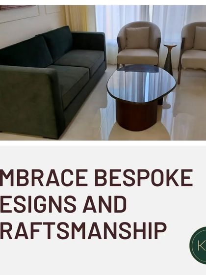 A full view of a living room set we provided, including a dark green sofa, two neutral armchairs with wooden frames, and a uniquely shaped coffee table. The composition is balanced, modern, and inviting.