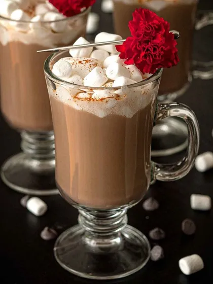 A comforting mug of hot chocolate topped with marshmallows, perfect for a cozy evening.