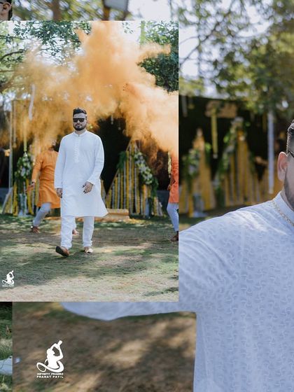 A collage focusing on the groom's stylish entrance and portraits during the Haldi ceremony.