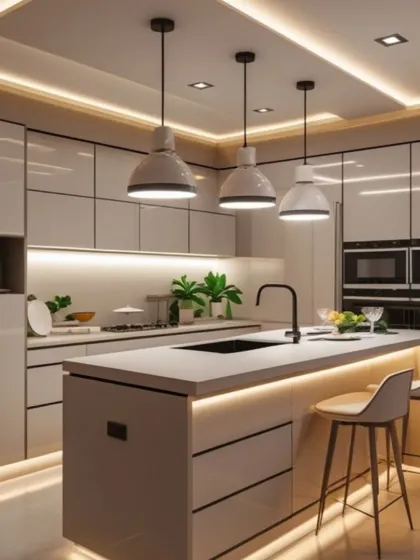 We designed this kitchen with a large central island that includes a breakfast bar and sink, making it a highly functional social space. The light grey cabinets and white pendant lights contribute to a bright and modern aesthetic.