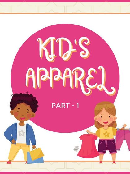 A graphic for the "Kid's Apparel" category, Part 1, introducing the first set of fashion brands.