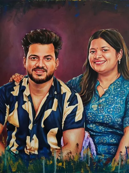 A vibrant 20" x 20" custom acrylic painting for a couple. I used a rich, blended background to make their portraits pop, capturing their happy expressions and the textures of their clothing. This kind of personalized artwork makes for a truly special anniversary or wedding gift.