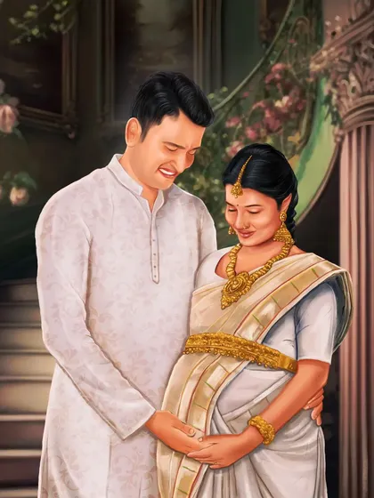 It's a joy to create art for such special moments. This is a more realistic digital painting I did for a Valaikappu (baby shower) ceremony. I focused on capturing the tender moment between the expecting parents in their beautiful traditional attire.