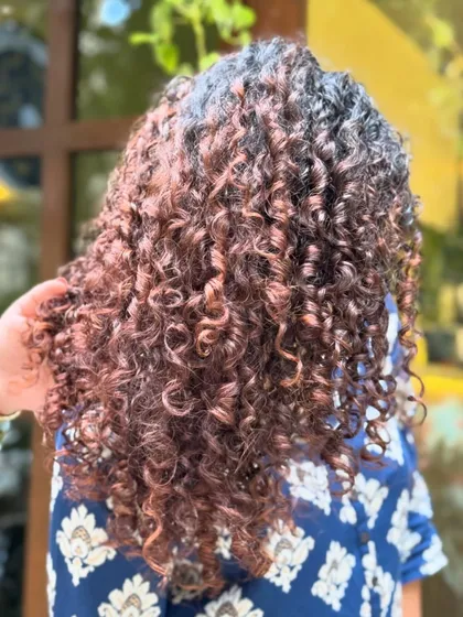 A collection of my other no-bleach balayage and color work, showcasing a variety of tones from subtle browns to vibrant reds on different curl types.